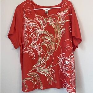 Rebecca Malone Red Blouse with Gold and White Accents